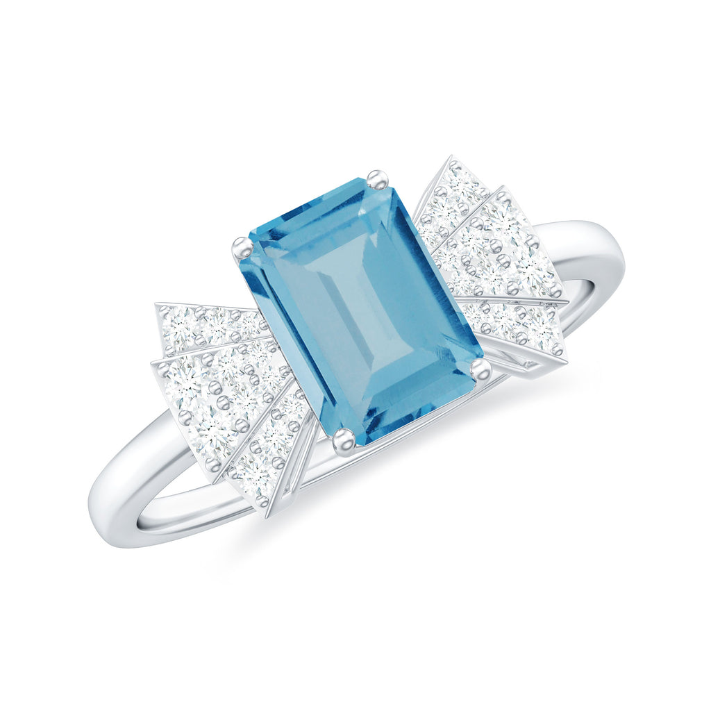 Emerald Cut Swiss Blue Topaz Solitaire Ring with Diamond Swiss Blue Topaz - ( AAA ) - Quality - Rosec Jewels