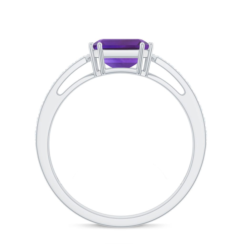 Asscher Cut Amethyst Solitaire Ring with Diamond Side Stones Amethyst - ( AAA ) - Quality - Rosec Jewels