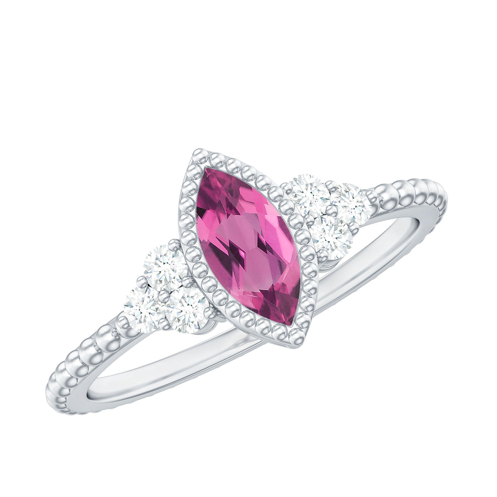 Marquise Shape Pink Tourmaline Solitaire Promise Ring with Diamond Pink Tourmaline - ( AAA ) - Quality - Rosec Jewels