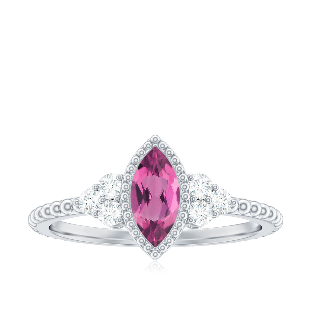 Rosec Jewels - Marquise Shape Pink Tourmaline Solitaire Promise Ring with Diamond