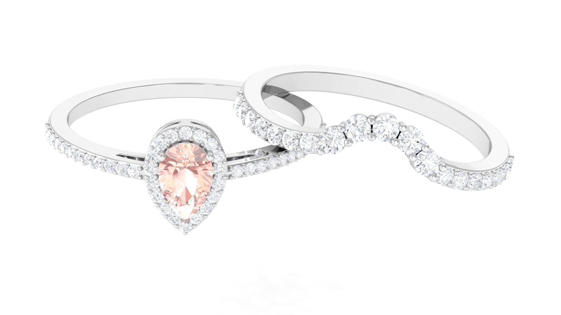 Morganite Designer Teardrop Ring Set with Diamond Halo Morganite - ( AAA ) - Quality - Rosec Jewels