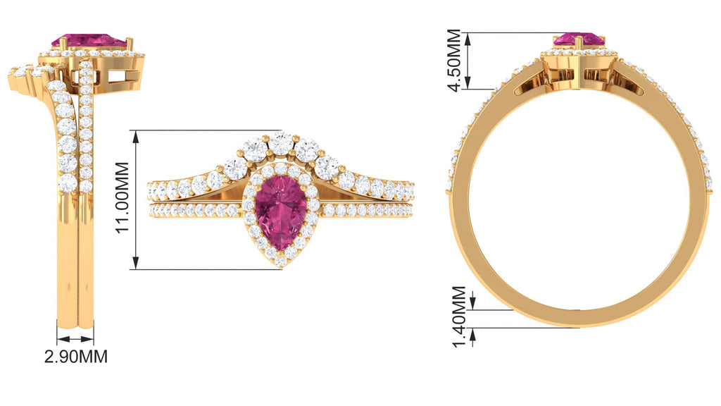 Pink tourmaline Designer Teardrop Ring Set with Moissanite Halo Pink Tourmaline - ( AAA ) - Quality - Rosec Jewels