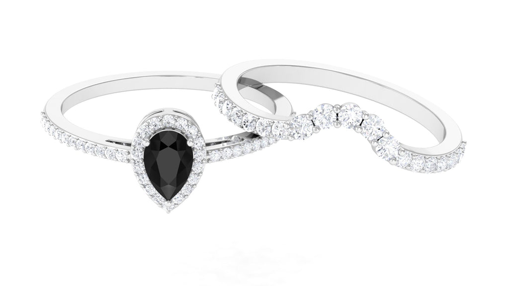 Black Spinel Designer Teardrop Ring Set with Moissanite Halo Black Spinel - ( AAA ) - Quality - Rosec Jewels