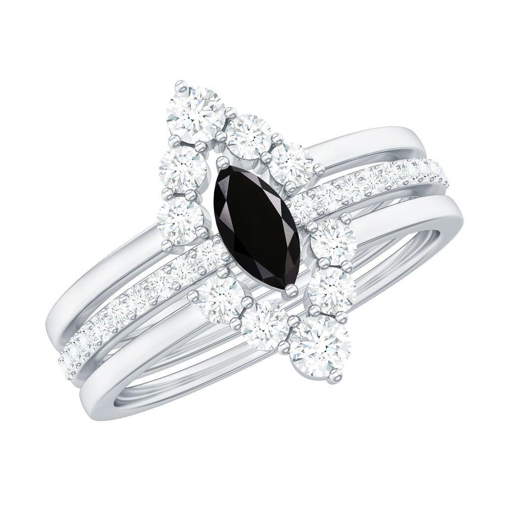 Marquise Black Diamond Solitaire Trio Ring Set with Moissanite Black Diamond - ( AAA ) - Quality - Rosec Jewels