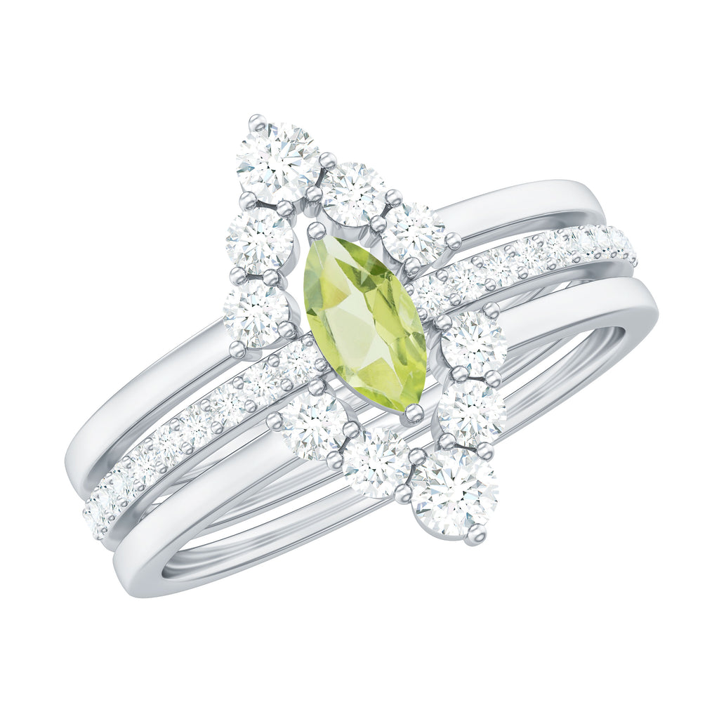 Marquise Cut Peridot Solitaire Trio Ring Set with Moissanite Peridot - ( AAA ) - Quality - Rosec Jewels