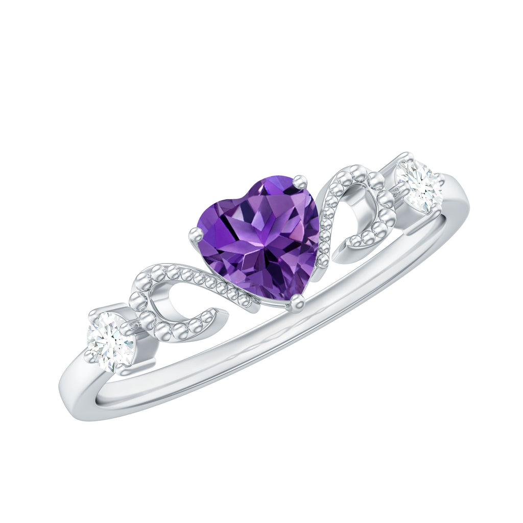 Real Amethyst Heart Promise Ring with Diamond Amethyst - ( AAA ) - Quality - Rosec Jewels