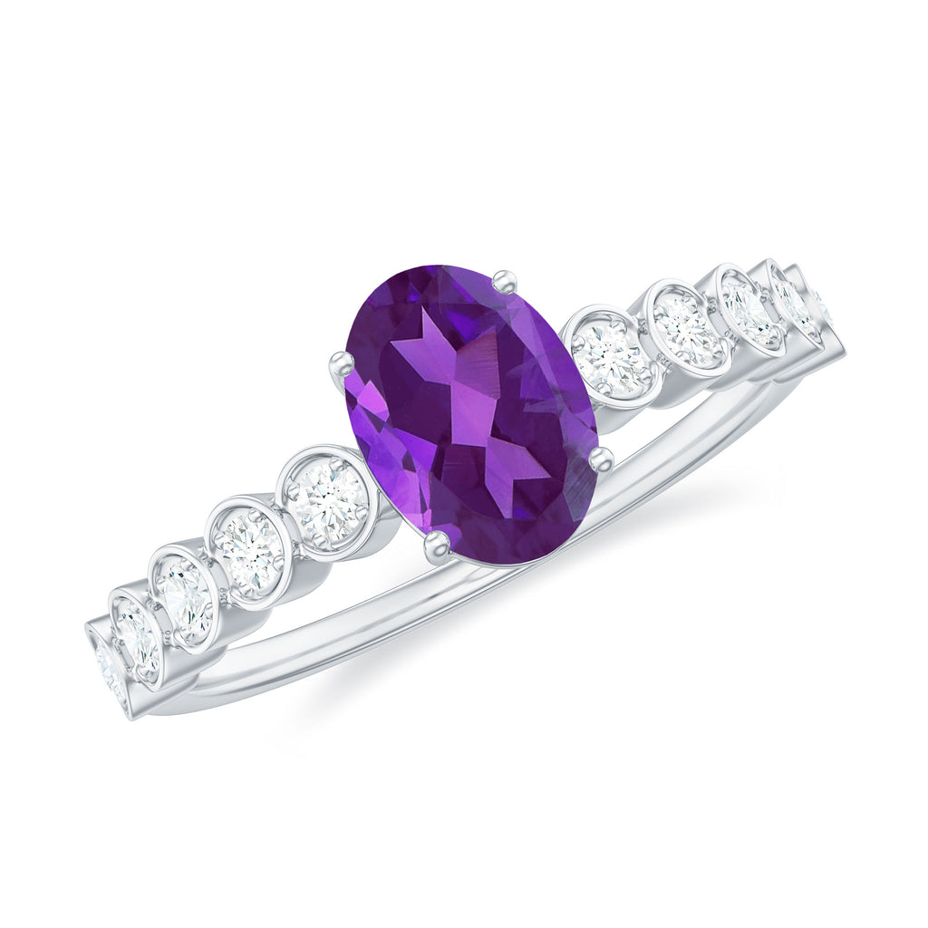 Real Oval Amethyst Solitaire Engagement Ring with Diamond Amethyst - ( AAA ) - Quality - Rosec Jewels