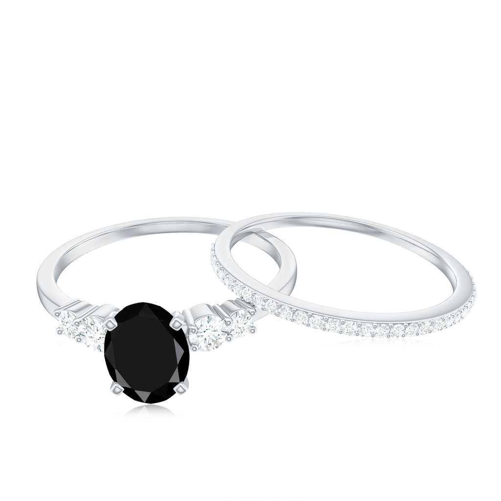 1.5 CT Oval Created Black Diamond Solitaire Ring Set with Diamond Lab Created Black Diamond - ( AAAA ) - Quality - Rosec Jewels