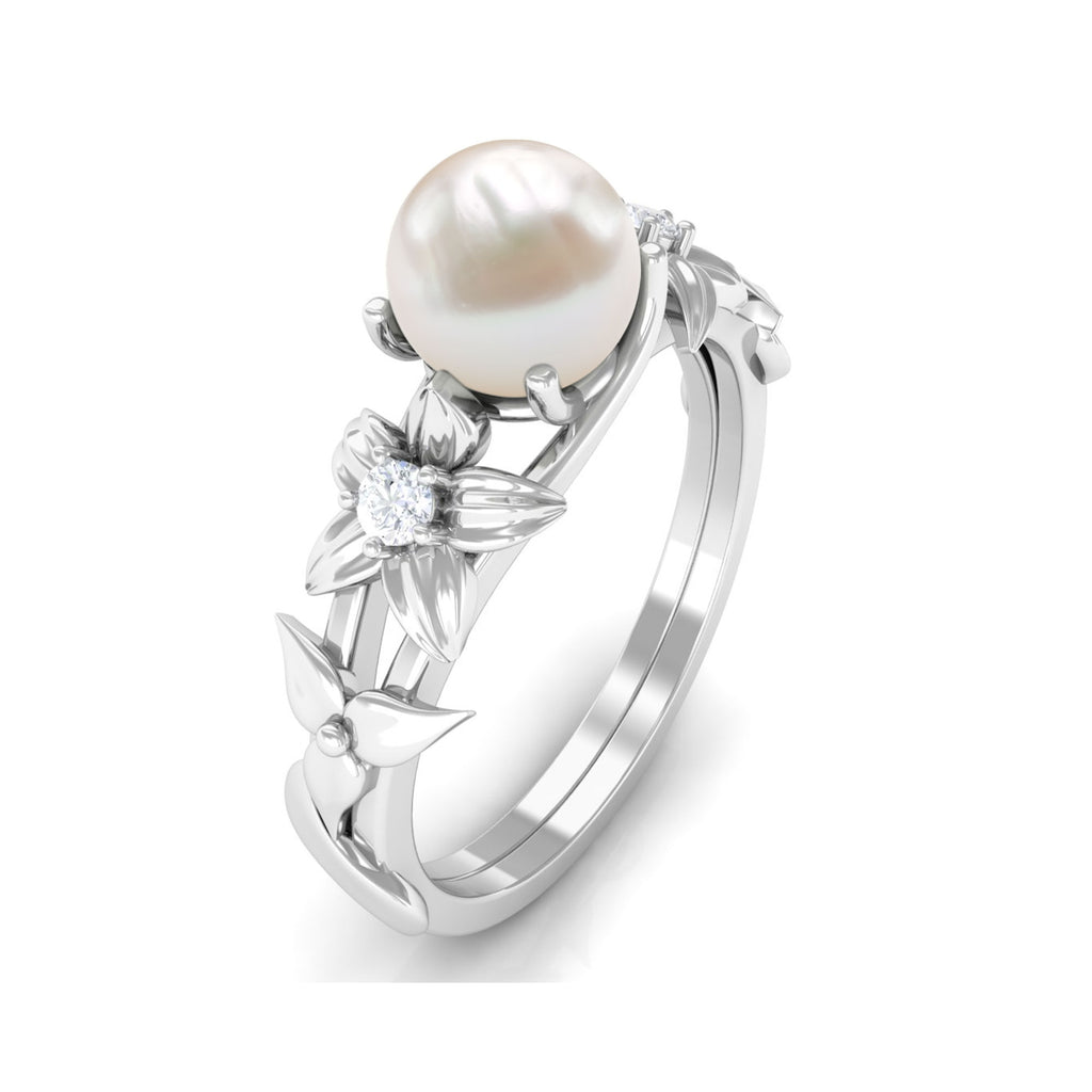 2.25 CT Freshwater Pearl Flower Band Ring with Diamond Freshwater Pearl - ( AAA ) - Quality - Rosec Jewels