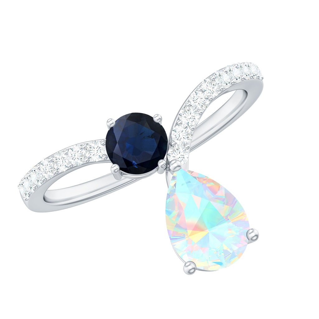 1.25 CT Blue Sapphire and Ethiopian Opal Minimal Chevron Ring with Moissanite Blue Sapphire - ( AAA ) - Quality - Rosec Jewels