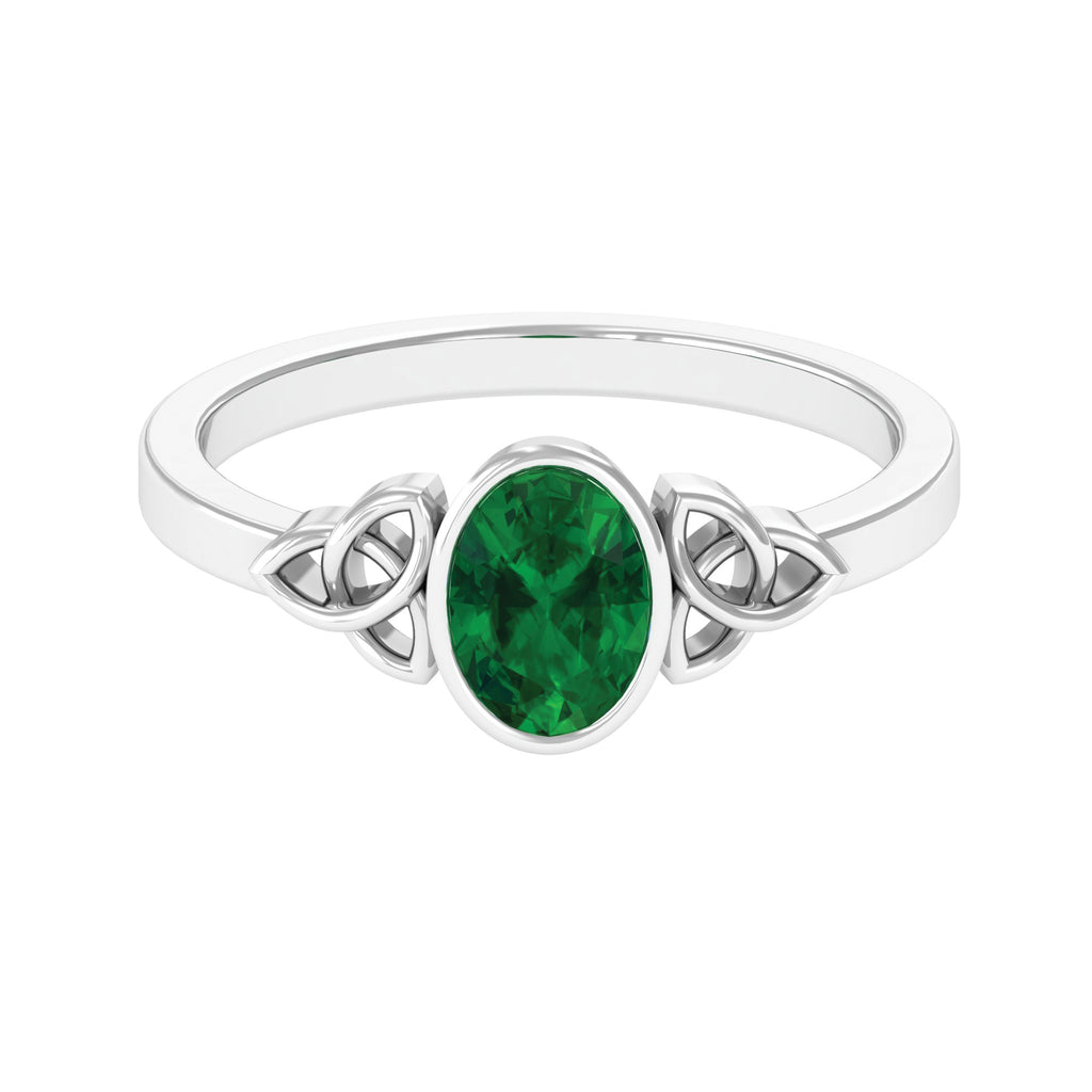 5X7 MM Oval Cut Emerald Solitaire Celtic Ring in Bezel Setting Emerald - ( AAA ) - Quality - Rosec Jewels