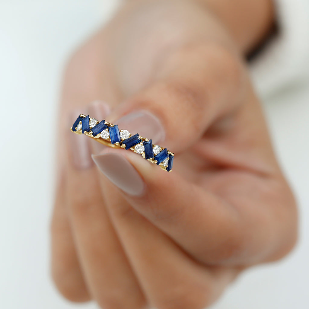 Baguette Cut Natural Blue Sapphire and Moissanite Half Eternity Ring Blue Sapphire - ( AAA ) - Quality - Rosec Jewels