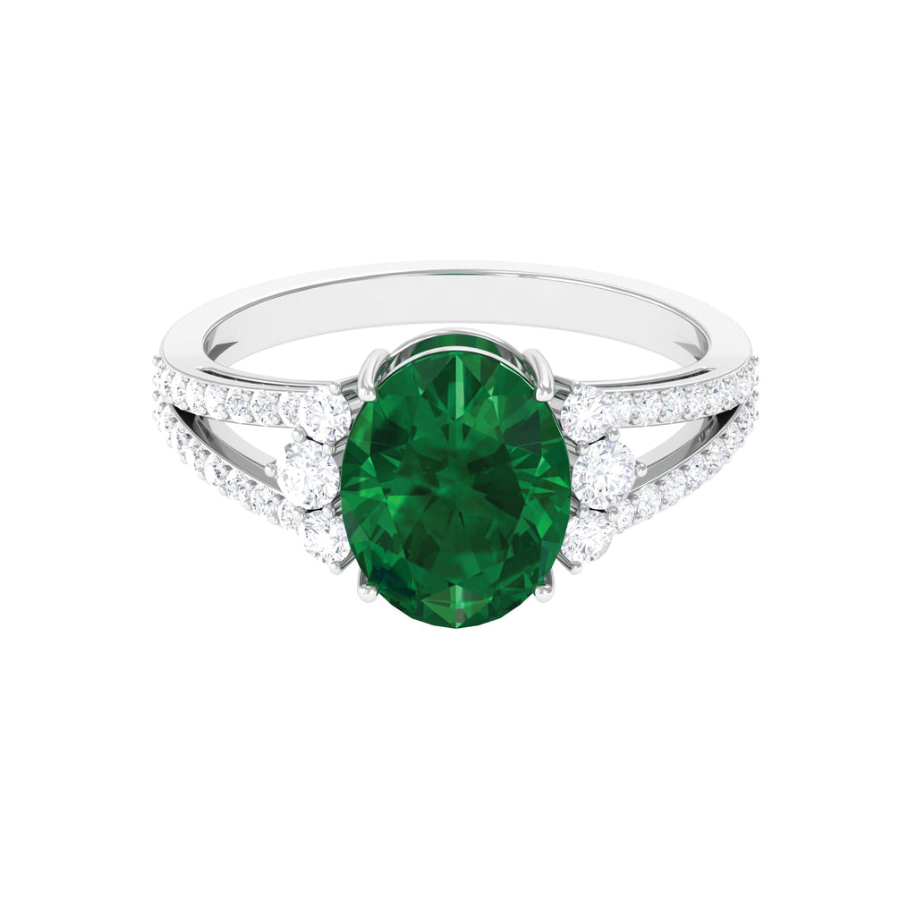 Created Emerald Split Shank Engagement Ring with Moissanite Lab Created Emerald - ( AAAA ) - Quality - Rosec Jewels