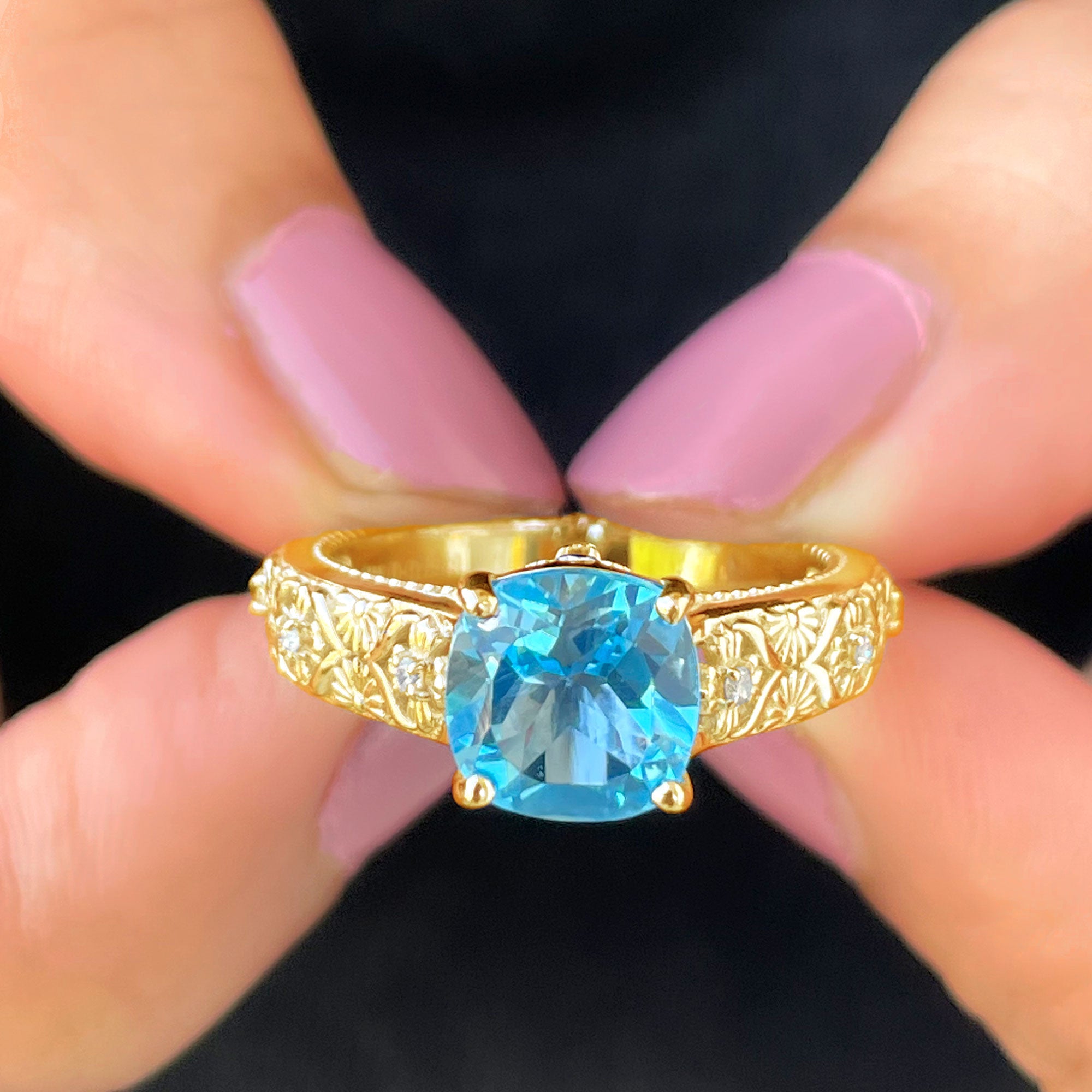 Cushion Cut Swiss Blue Topaz Solitaire Ring with Diamond Swiss Blue Topaz - ( AAA ) - Quality - Rosec Jewels
