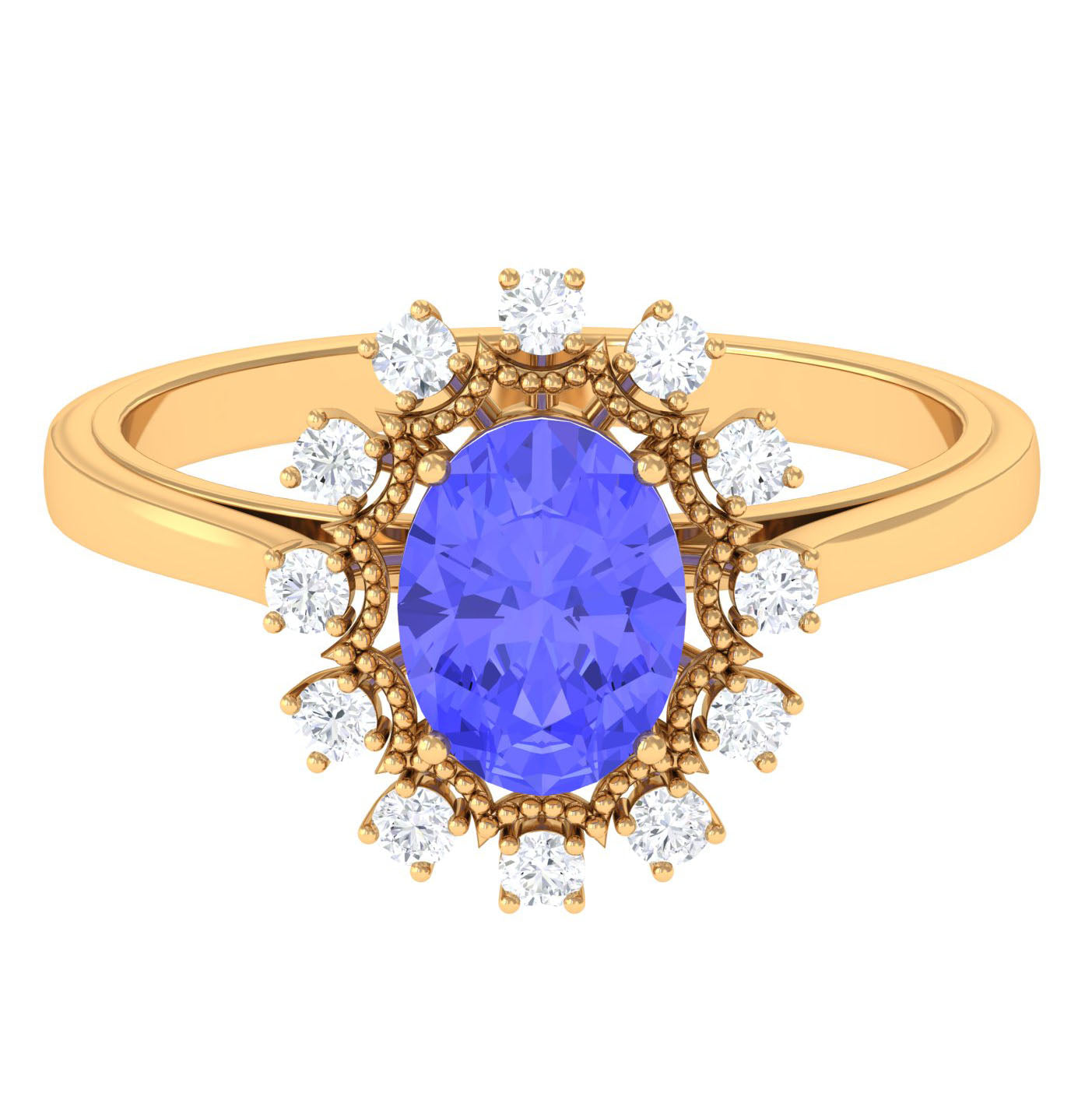Vintage Inspired Oval Tanzanite and Diamond Halo Ring Tanzanite - ( AAA ) - Quality - Rosec Jewels