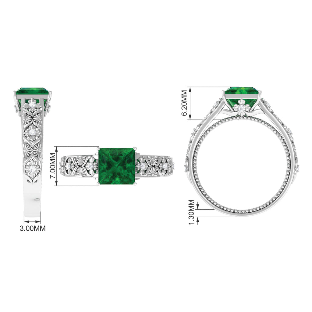 2.50 CT Princess Cut Created Emerald Solitaire Ring with Diamond Lab Created Emerald - ( AAAA ) - Quality - Rosec Jewels