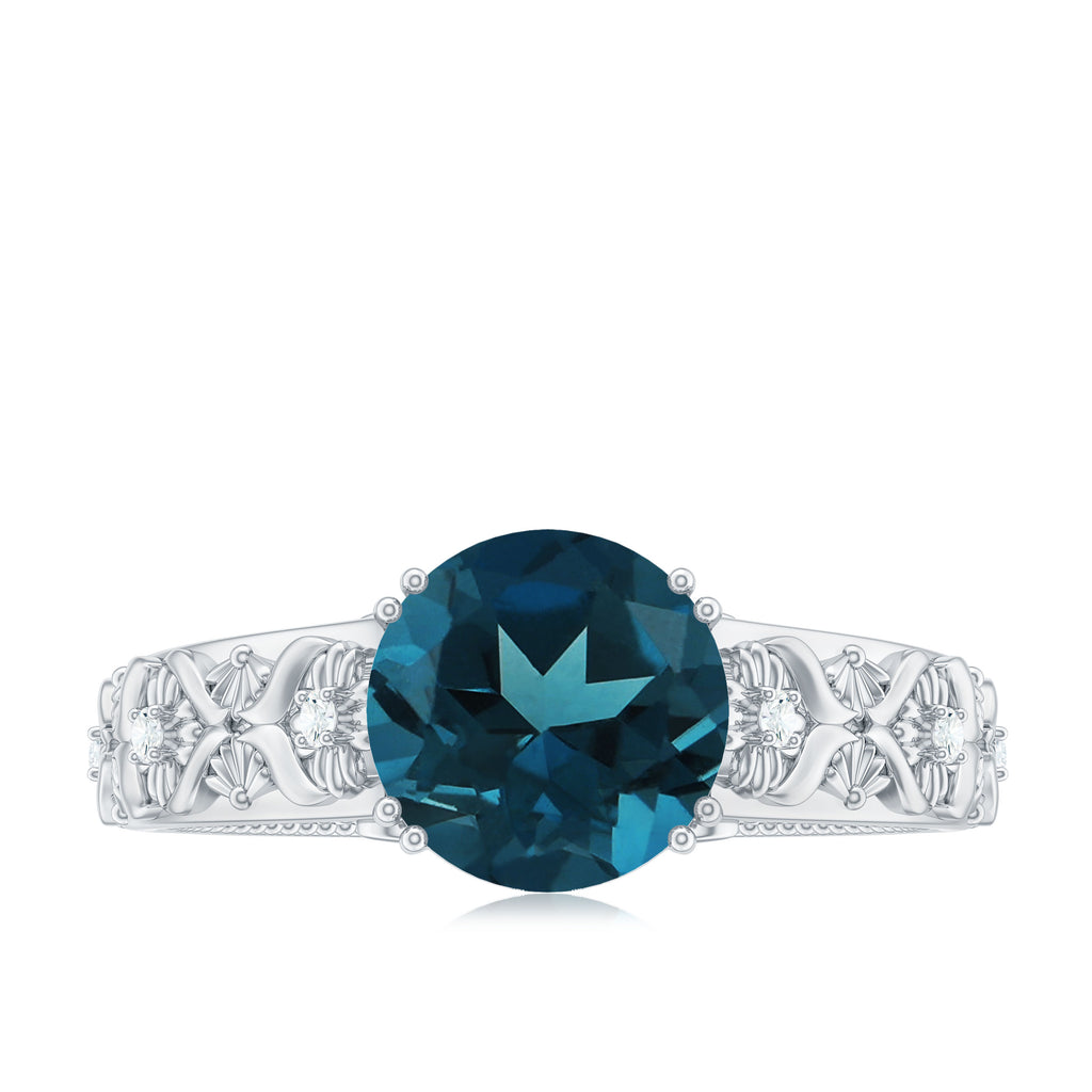 Genuine London Blue Topaz Flower Engagement Ring with Diamond London Blue Topaz - ( AAA ) - Quality - Rosec Jewels