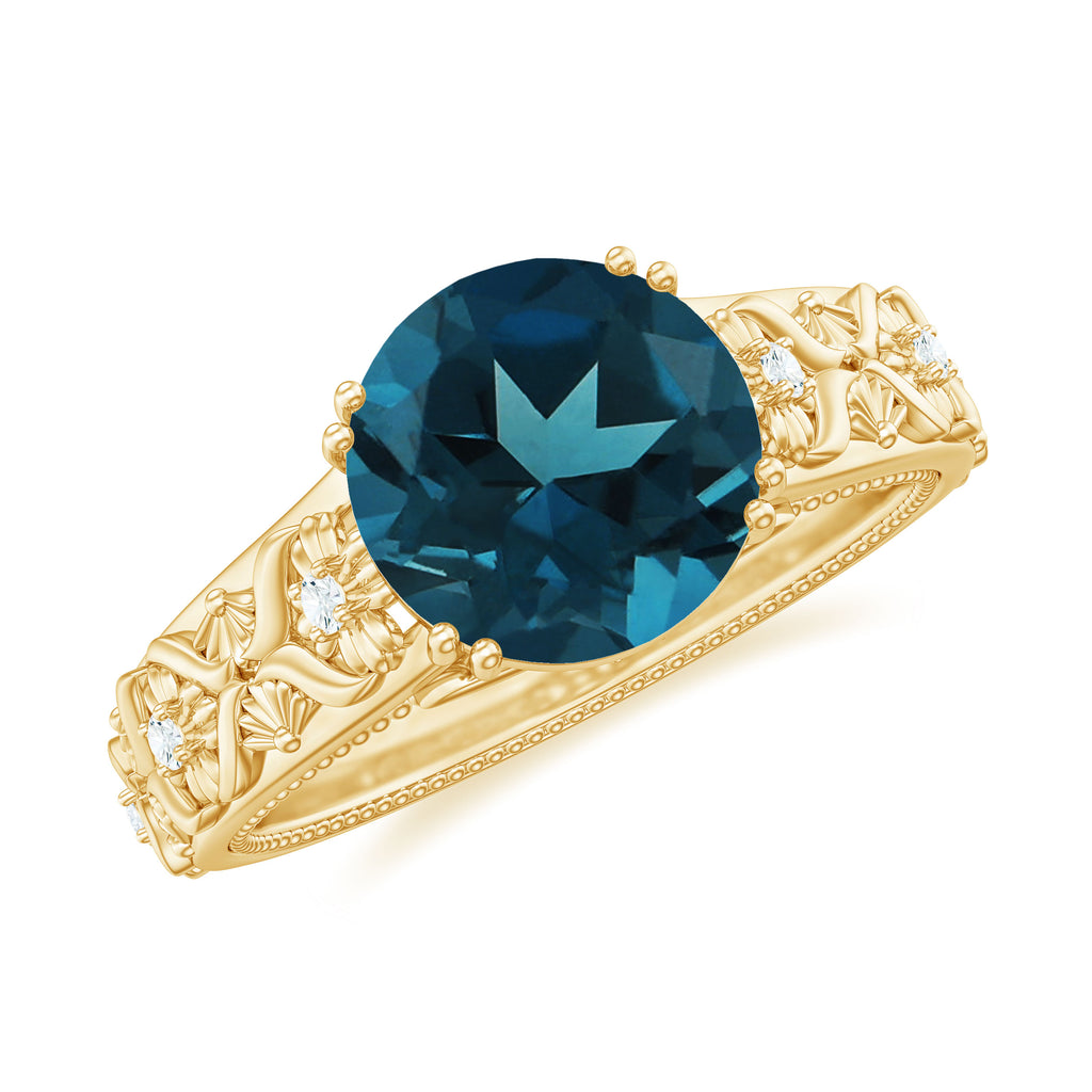 Genuine London Blue Topaz Flower Engagement Ring with Diamond London Blue Topaz - ( AAA ) - Quality - Rosec Jewels