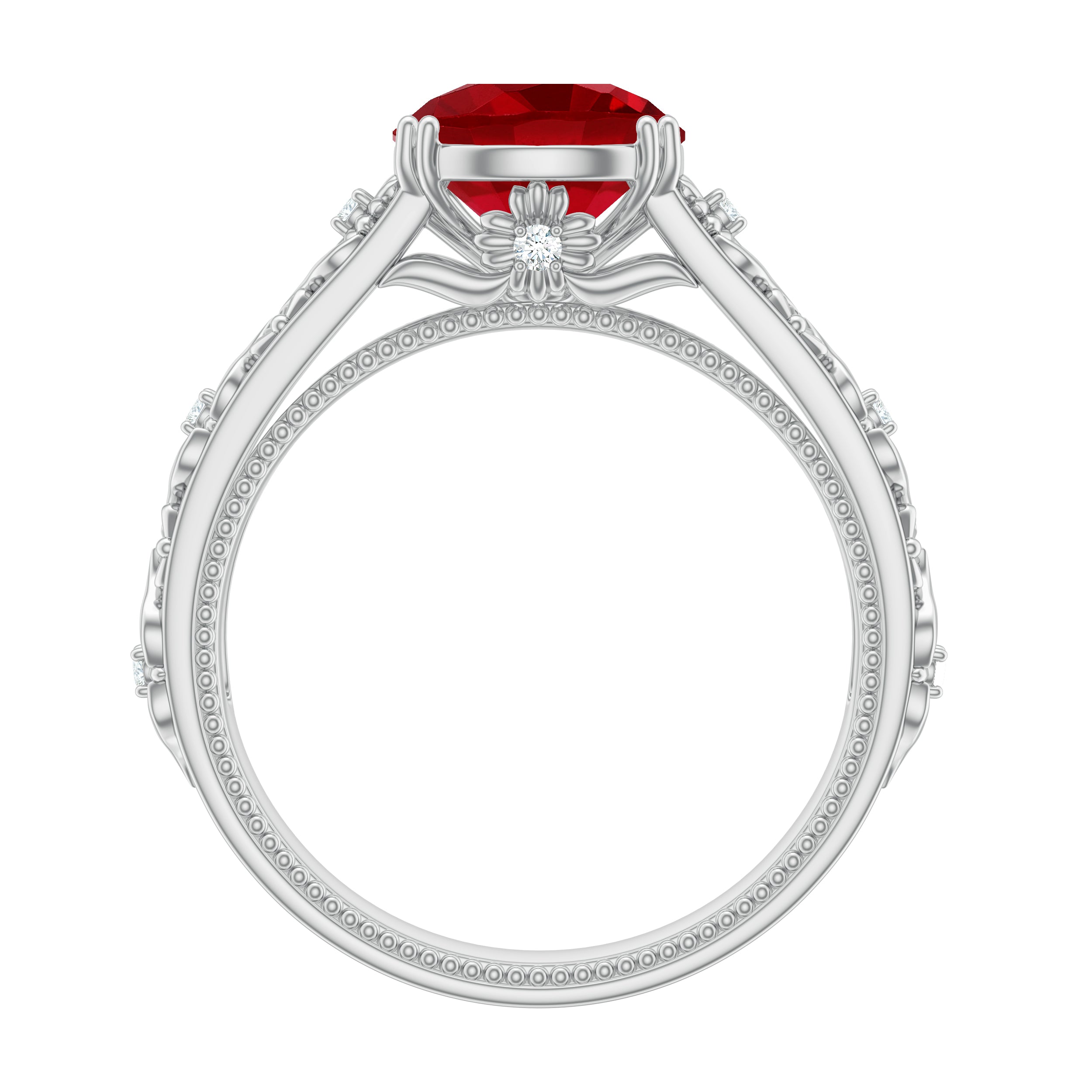 Round Created Ruby Floral Engagement Ring with Diamond Lab Created Ruby - ( AAAA ) - Quality - Rosec Jewels