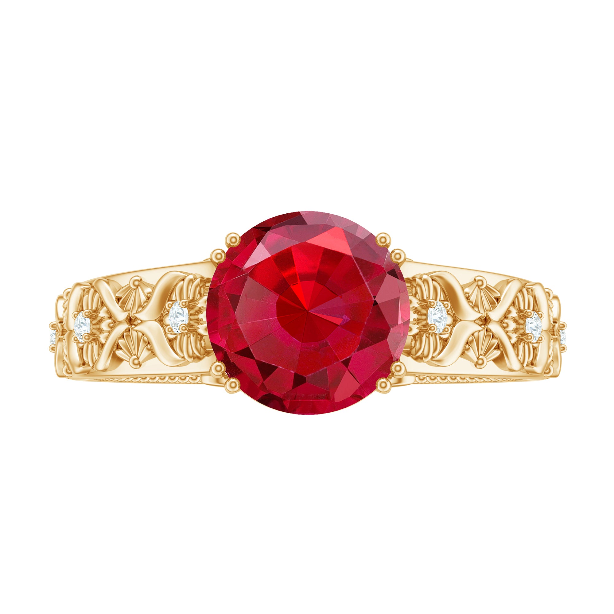 Round Created Ruby Floral Engagement Ring with Diamond Lab Created Ruby - ( AAAA ) - Quality - Rosec Jewels