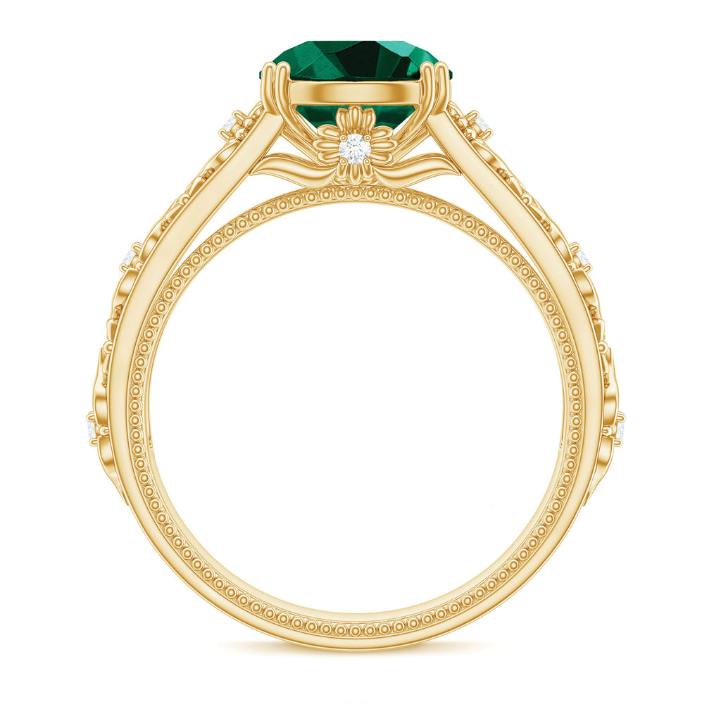 Round Created Emerald Floral Engagement Ring with Diamond Lab Created Emerald - ( AAAA ) - Quality - Rosec Jewels