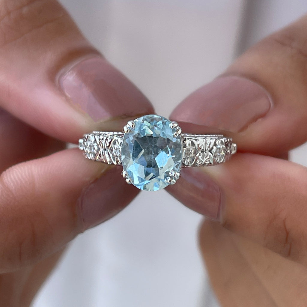 Oval Sky Blue Topaz and Diamond Vintage Style Solitaire Ring Sky Blue Topaz - ( AAA ) - Quality - Rosec Jewels