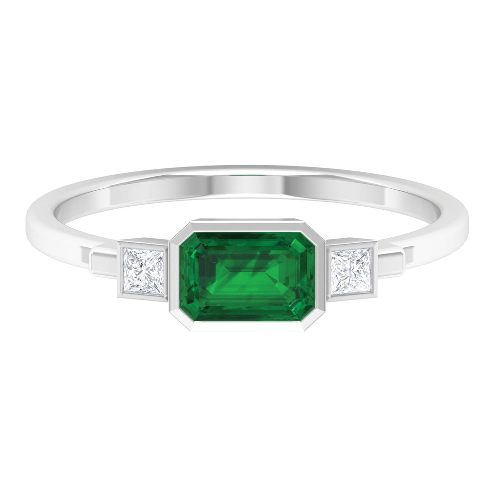 Octagon shape Emerald and Diamond East-West Promise Ring in Bezel Setting Emerald - ( AAA ) - Quality - Rosec Jewels