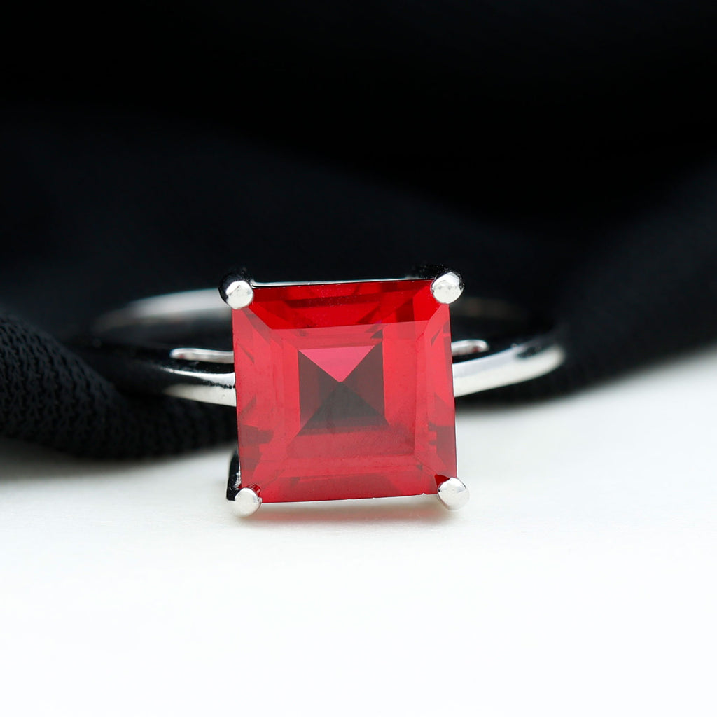 8.00 MM Princess Cut Created Ruby Solitaire Ring Lab Created Ruby - ( AAAA ) - Quality - Rosec Jewels