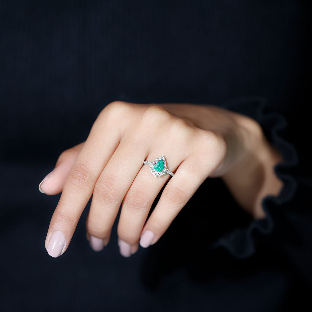 Pear Shaped Emerald Cocktail Ring with Diamond Emerald - ( AAA ) - Quality - Rosec Jewels