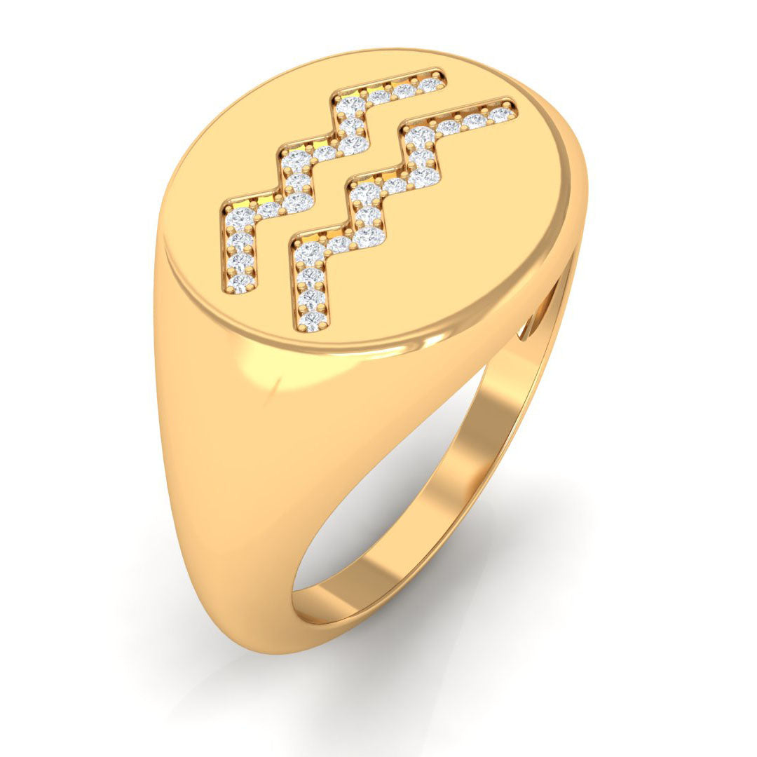 Cubic Zirconia Aquarius Zodiac Signet Ring Zircon - ( AAAA ) - Quality - Rosec Jewels