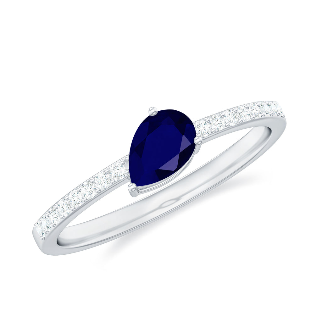Pear Cut Blue Sapphire Solitaire Ring with Diamond Side Stones Blue Sapphire - ( AAA ) - Quality - Rosec Jewels