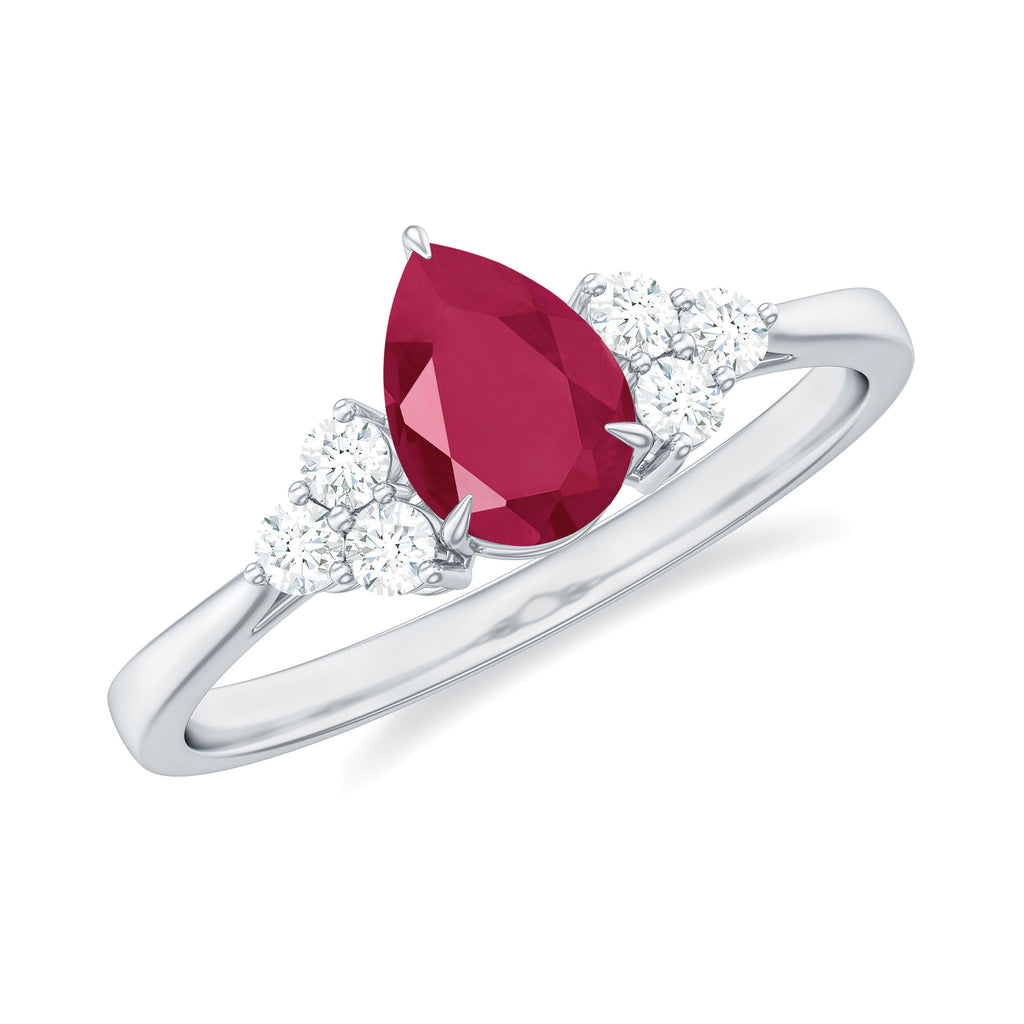 Claw Set Pear Cut Ruby Engagement Ring with Diamond Trio Ruby - ( AAA ) - Quality - Rosec Jewels
