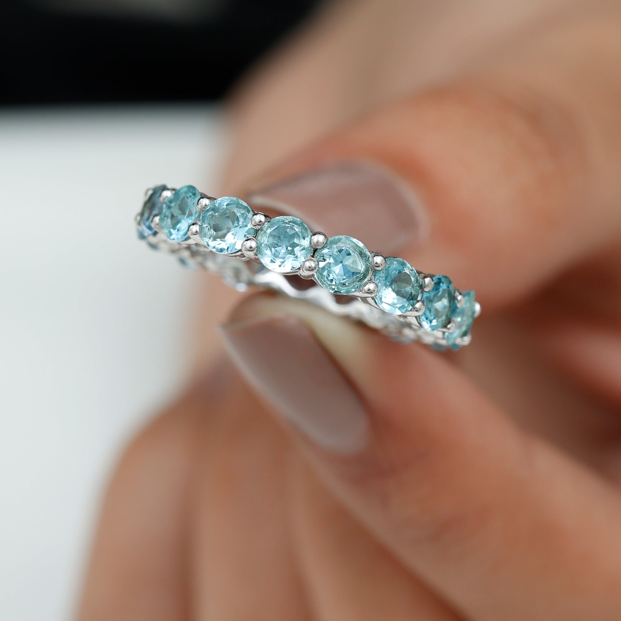 Shared Prong Set Natural Aquamarine Eternity Ring Aquamarine - ( AAA ) - Quality - Rosec Jewels