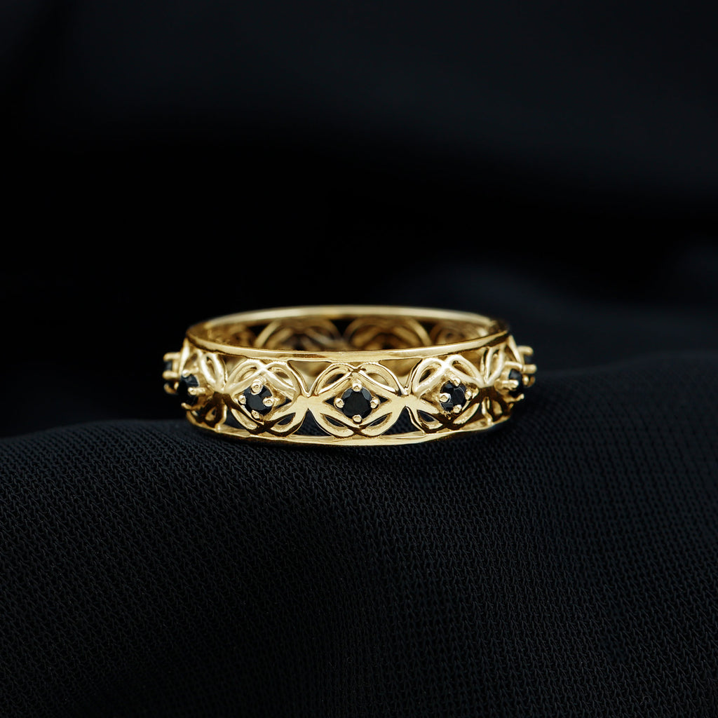 Vintage Inspired Black Spinel Celtic Knot Eternity Band Ring in Gold Black Spinel - ( AAA ) - Quality - Rosec Jewels