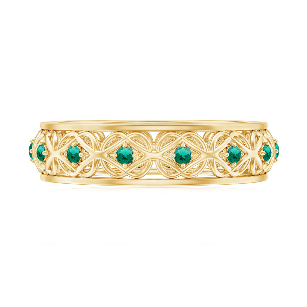 Vintage Inspired Created Emerald Celtic Knot Full Eternity Band Ring in Gold Lab Created Emerald - ( AAAA ) - Quality - Rosec Jewels