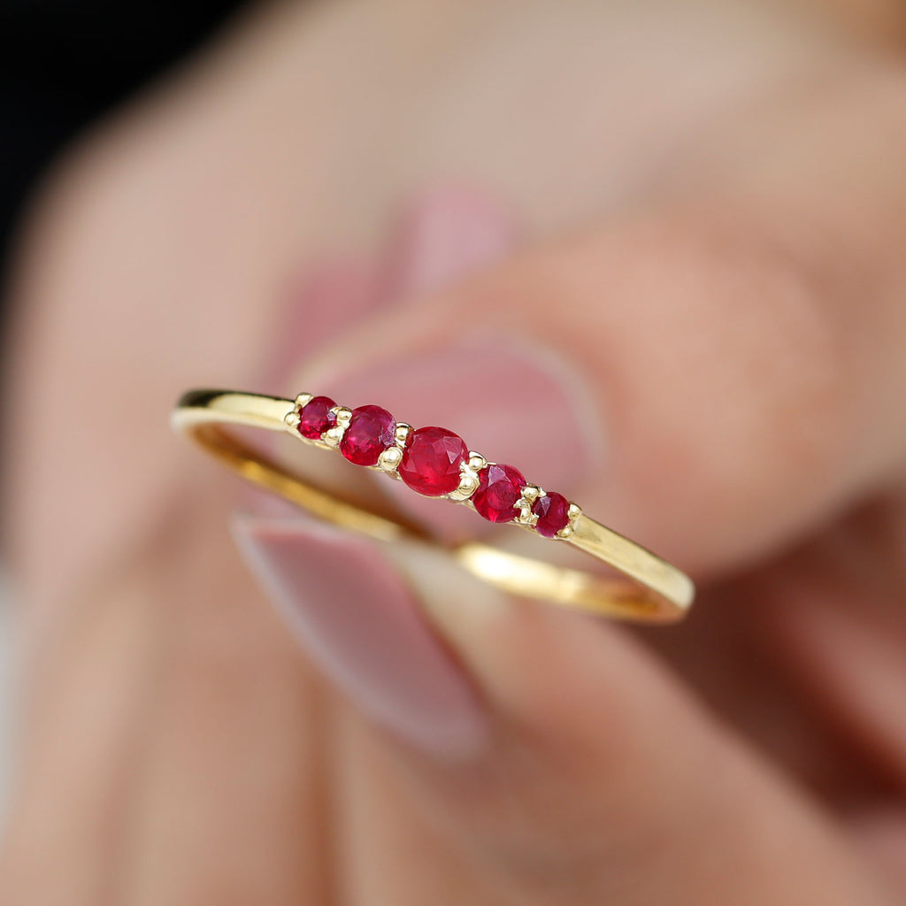 Classic Ruby 5 Stone Graduated Promise Ring in Gold Ruby - ( AAA ) - Quality - Rosec Jewels