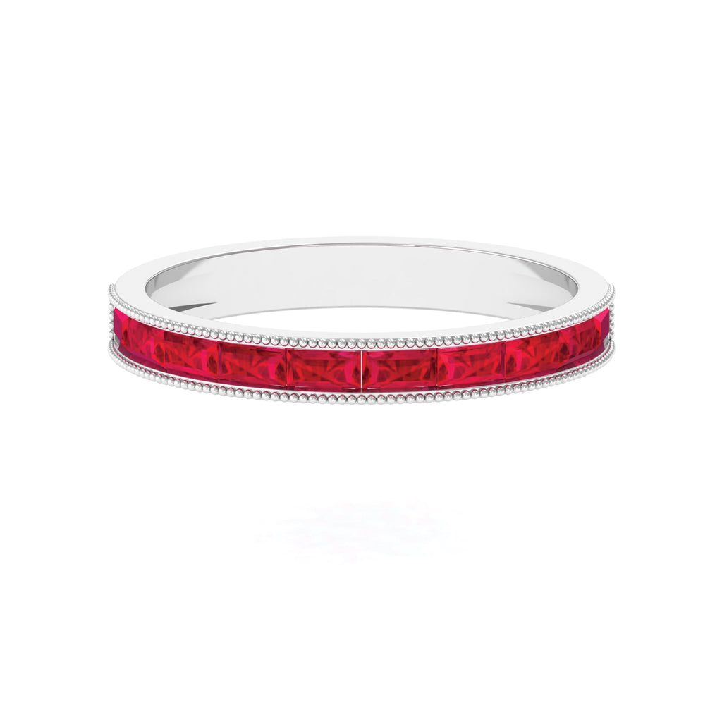 Baguette Cut Lab Grown Ruby Milgrain Band Ring Lab Created Ruby - ( AAAA ) - Quality - Rosec Jewels