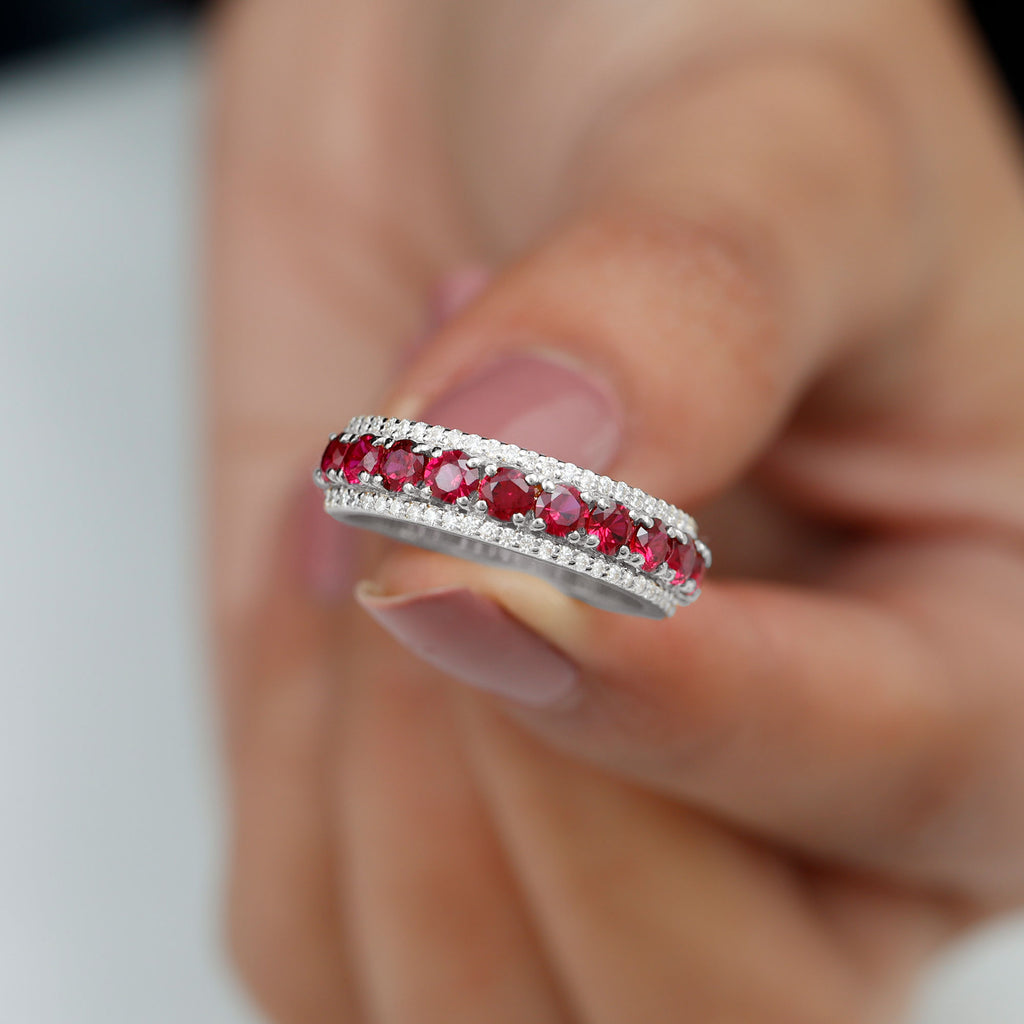 1.75 CT Created Ruby Anniversary Ring with Diamond Accent Lab Created Ruby - ( AAAA ) - Quality - Rosec Jewels