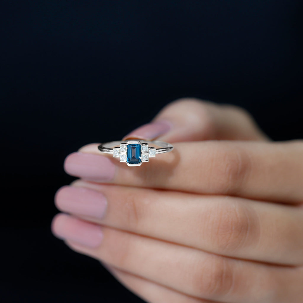 Minimal Ring with 1 CT London Blue Topaz and Diamond London Blue Topaz - ( AAA ) - Quality - Rosec Jewels