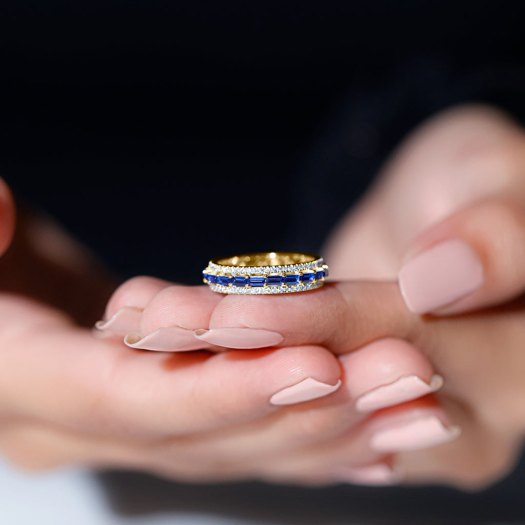 Baguette Cut Created Blue Sapphire Wedding Band Ring with Diamond Lab Created Blue Sapphire - ( AAAA ) - Quality - Rosec Jewels