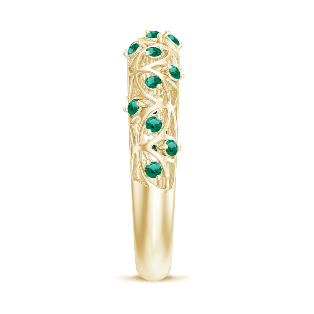 Round Created Emerald Semi Eternity Band Ring with Gold Filigree Details Lab Created Emerald - ( AAAA ) - Quality - Rosec Jewels