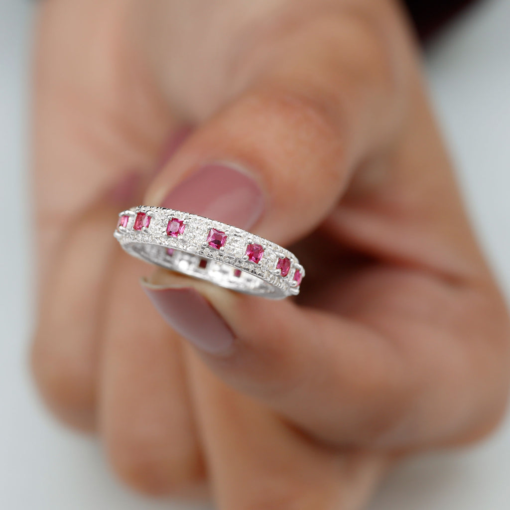 1.75 CT Princess Cut Created Ruby Wedding Band Ring with Diamond Accent Lab Created Ruby - ( AAAA ) - Quality - Rosec Jewels