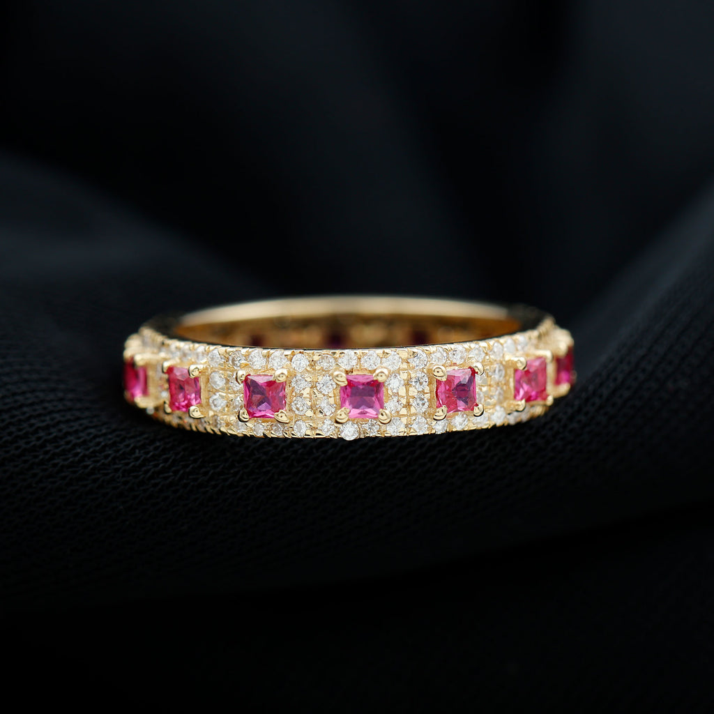 1.75 CT Princess Cut Created Ruby Wedding Band Ring with Diamond Accent Lab Created Ruby - ( AAAA ) - Quality - Rosec Jewels