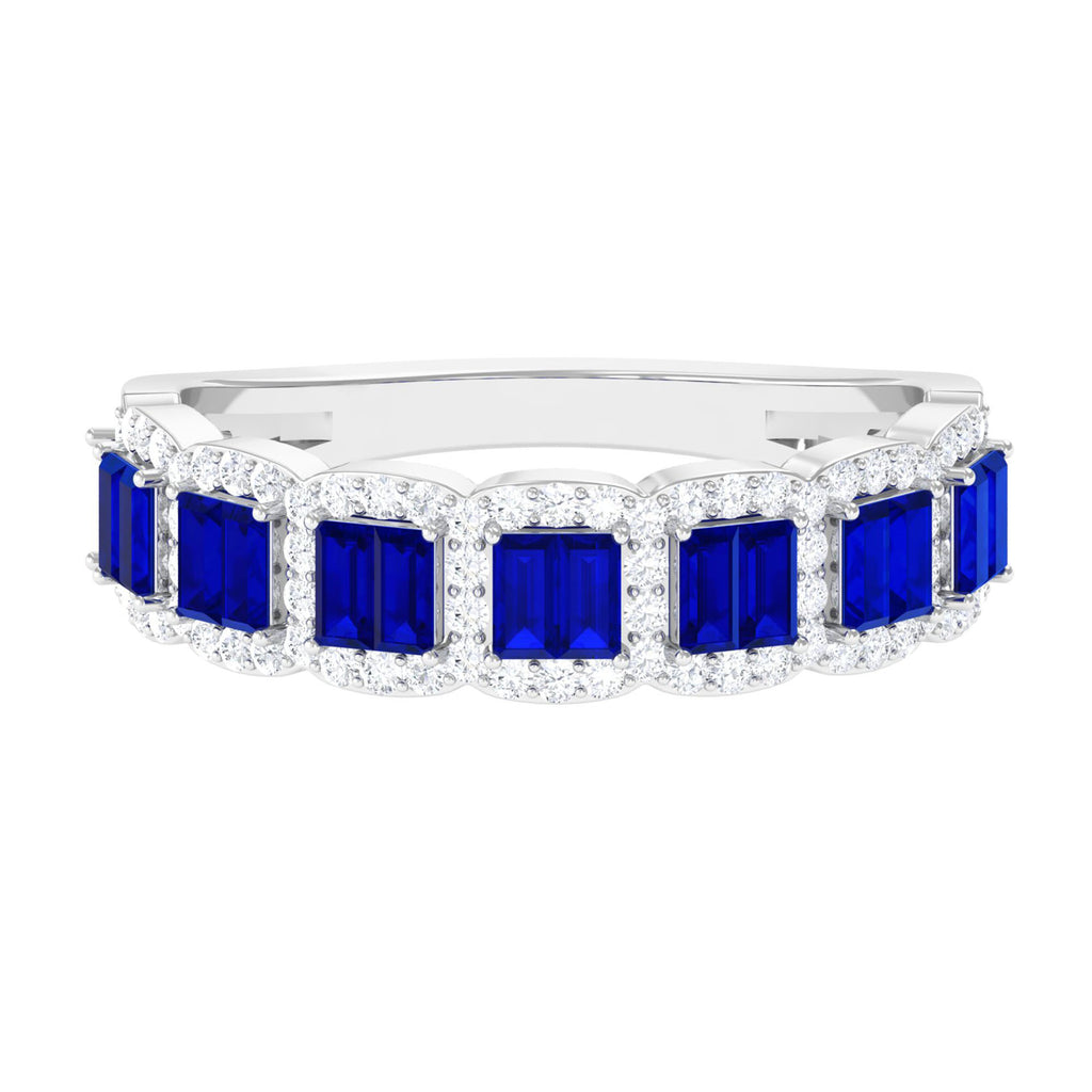 Lab Created Blue Sapphire Designer Half Eternity Ring with Moissanite Lab Created Blue Sapphire - ( AAAA ) - Quality - Rosec Jewels