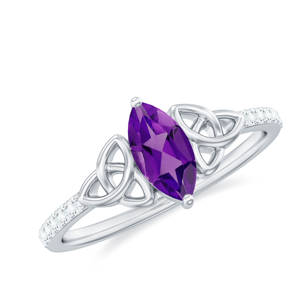 Marquise Cut Amethyst Solitaire Celtic Knot Ring with Diamond Side Stones Amethyst - ( AAA ) - Quality - Rosec Jewels