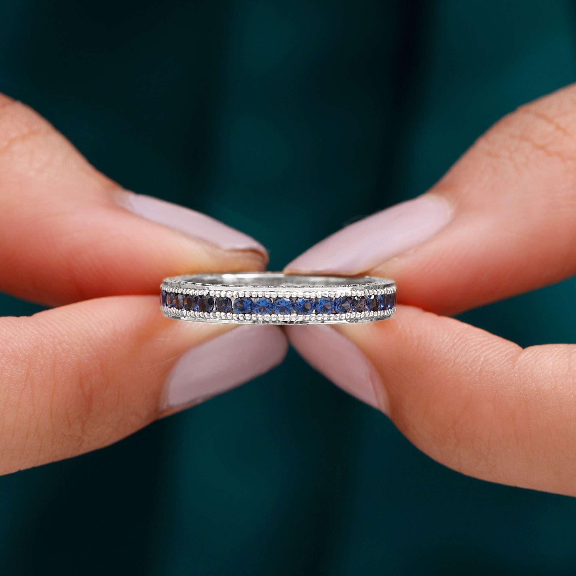 Lab Created Blue Sapphire Full Eternity Ring with Beaded Details Lab Created Blue Sapphire - ( AAAA ) - Quality - Rosec Jewels