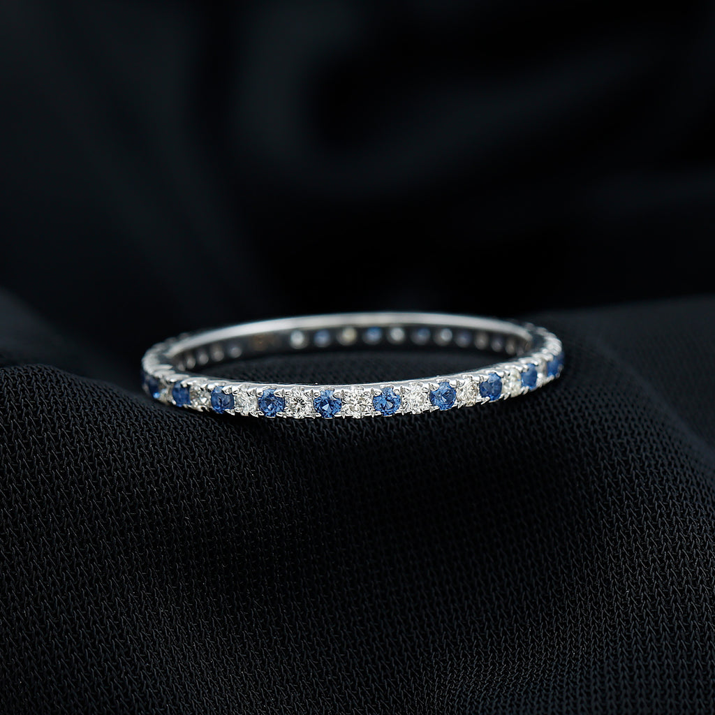 Stackable Lab Created Blue Sapphire and Diamond Eternity Ring Lab Created Blue Sapphire - ( AAAA ) - Quality - Rosec Jewels