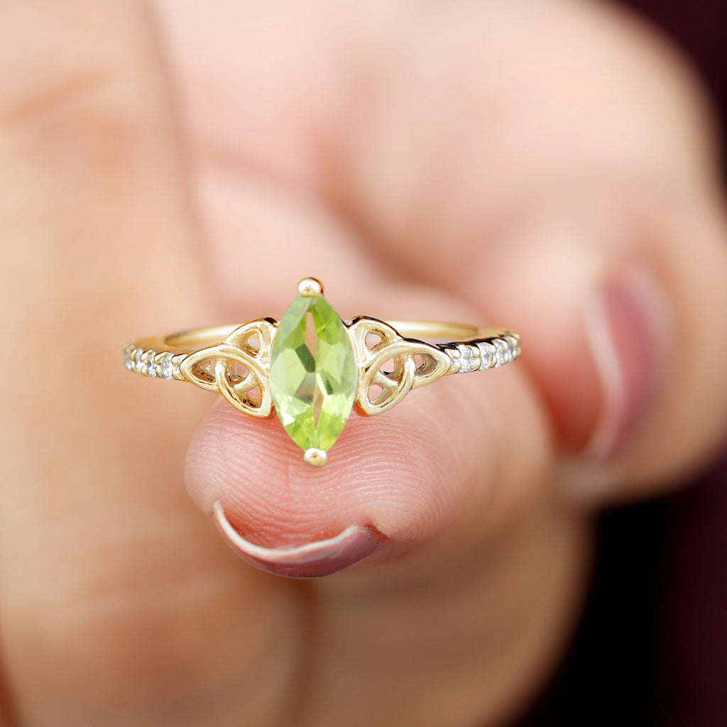 1 CT Marquise Cut Peridot Solitaire Celtic Ring with Diamond Side Stones Peridot - ( AAA ) - Quality - Rosec Jewels