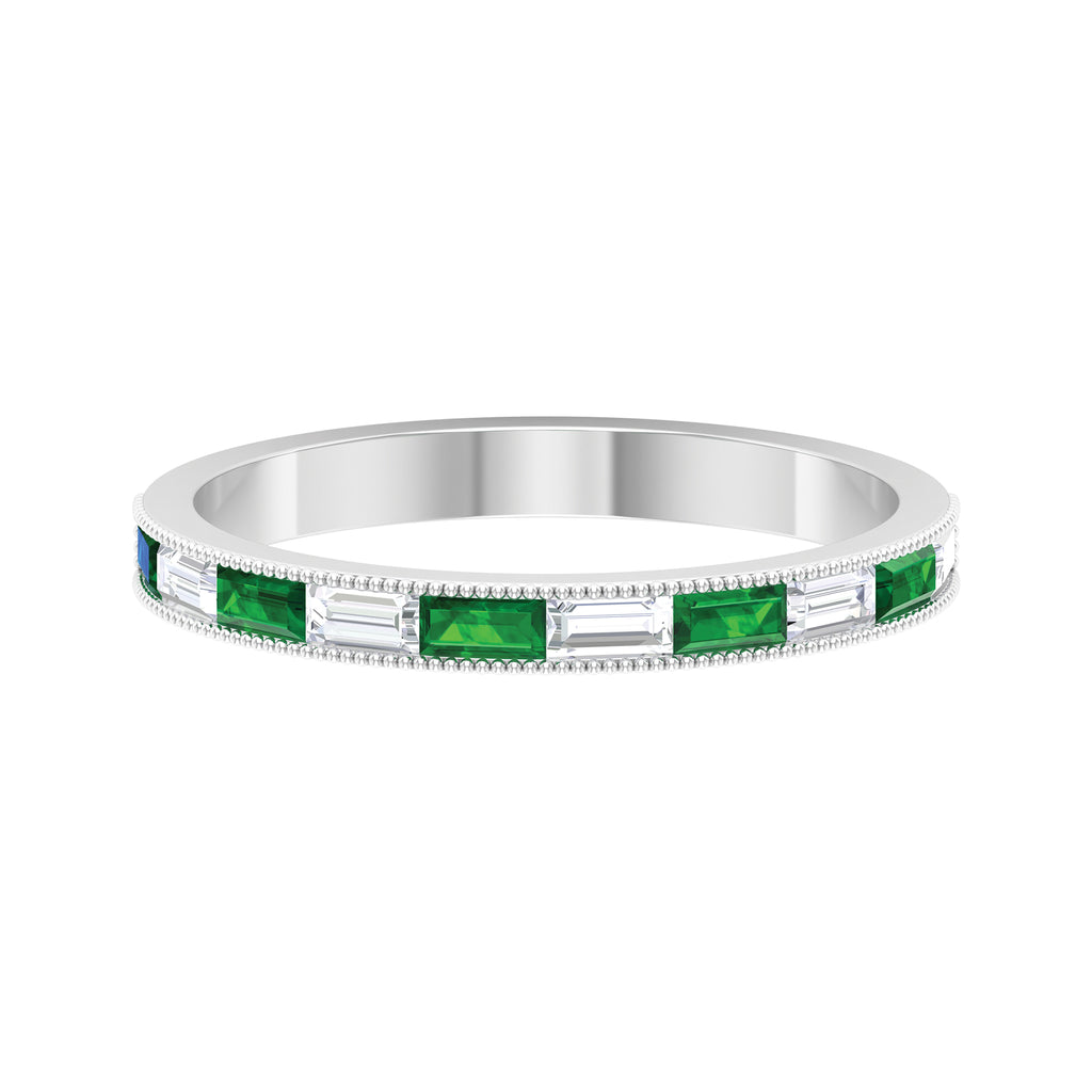 Baguette Cut Lab Grown Emerald and Diamond Band Ring Lab Created Emerald - ( AAAA ) - Quality - Rosec Jewels