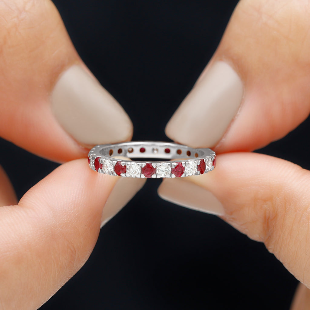 Round Natural Ruby and Diamond Alternate Eternity Ring Ruby - ( AAA ) - Quality - Rosec Jewels